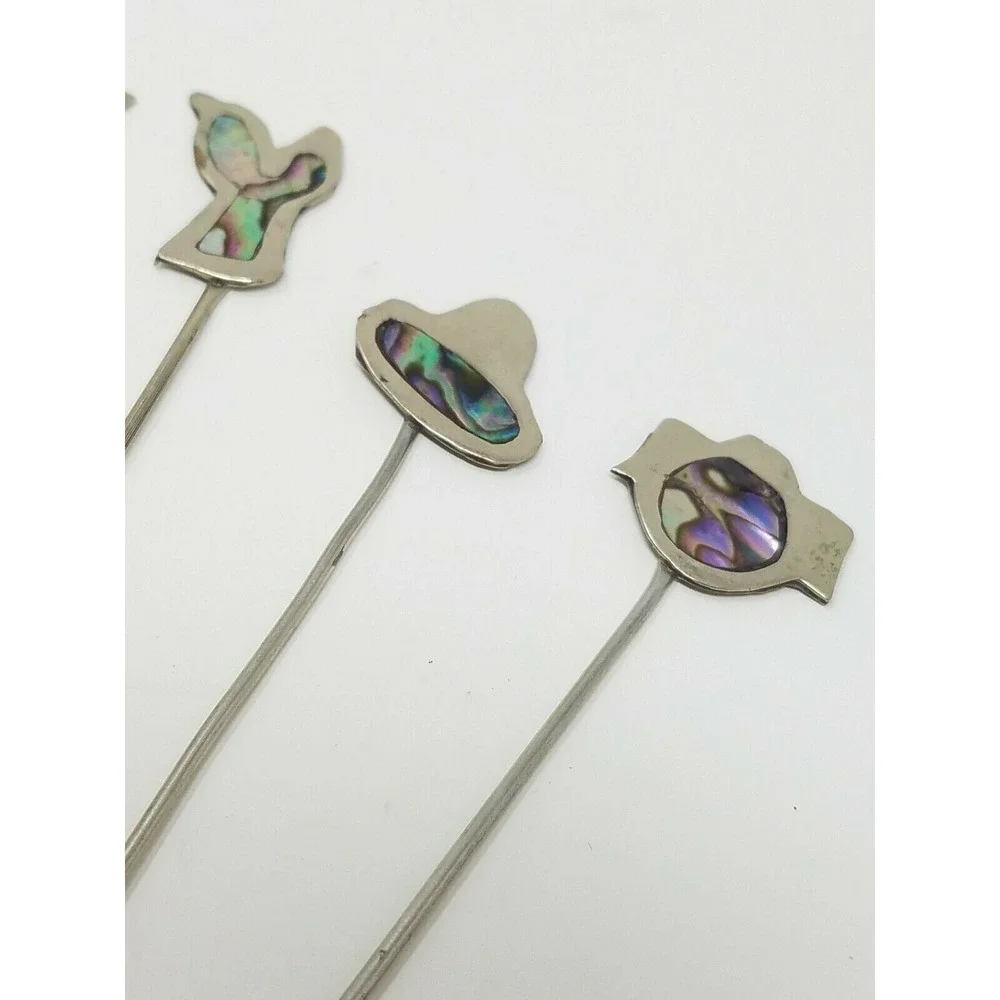 Vtg Mexican alpaca and Abalone cocktail forks picks signed set of 5 man cave